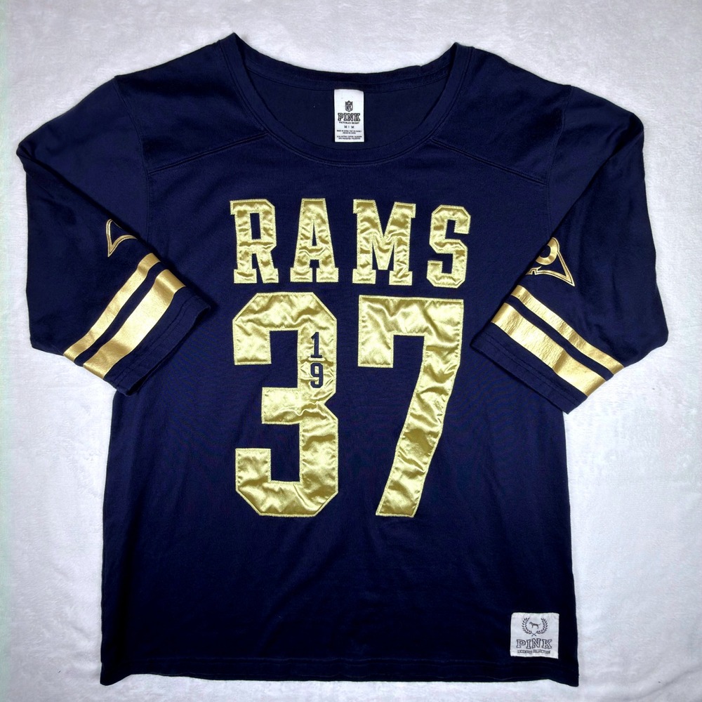 NFL PINK Victoria's Secret LA Rams Jersey Shirt Navy Gold 3/4 Sleeve Medium Rare